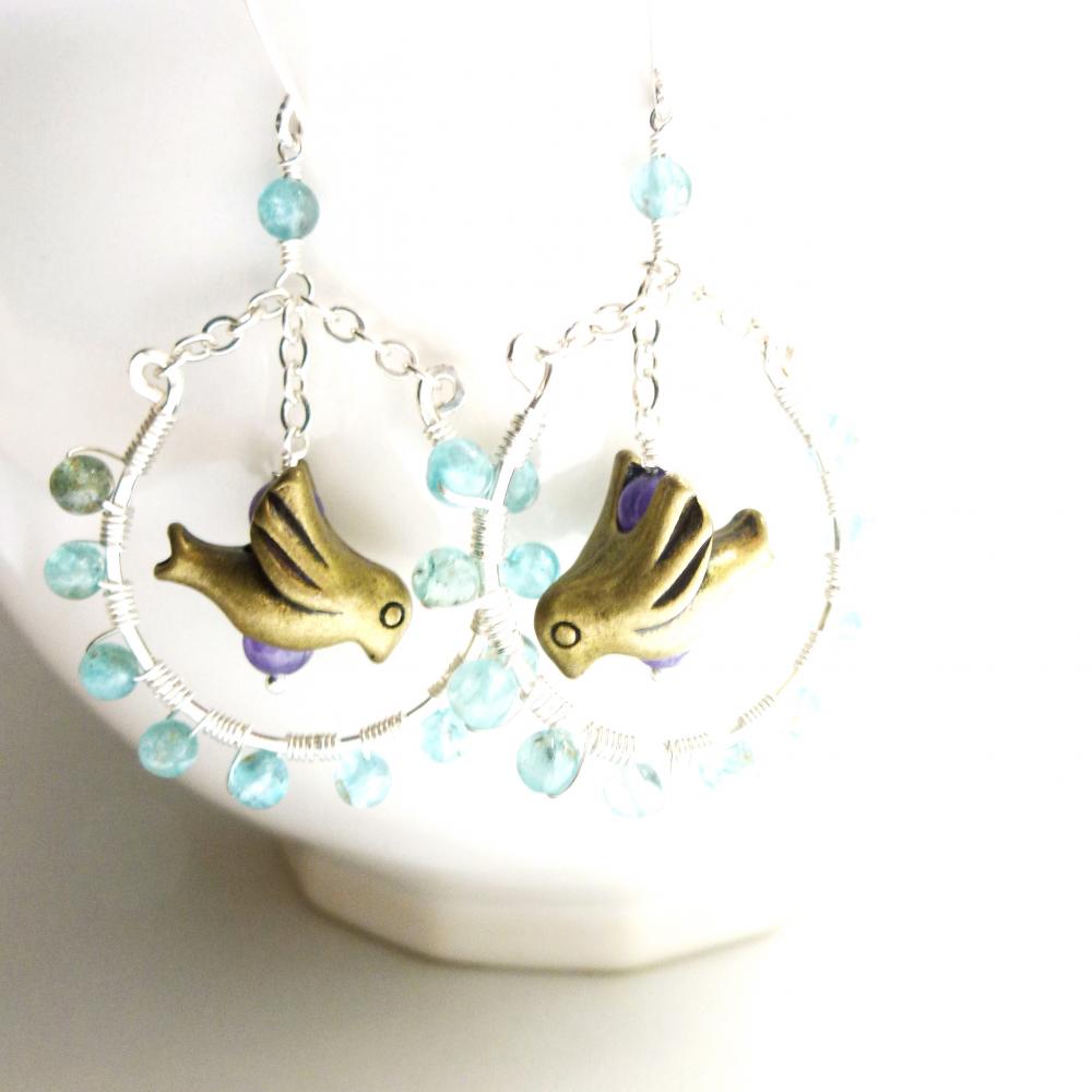 Wire Wrapped Earrings in Sterling Silver and Gold Filled with Brass Bird Charm and Apatite and Amethyst Beads
